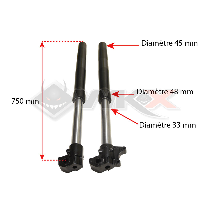 Dimensions de la fourche inversée hydraulique 750 mm pour pit bike, dirt bike et mini moto.