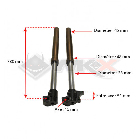 Dimensions de la fourche inversée 780 mm, diamètre 45 /48 mm pour mini moto