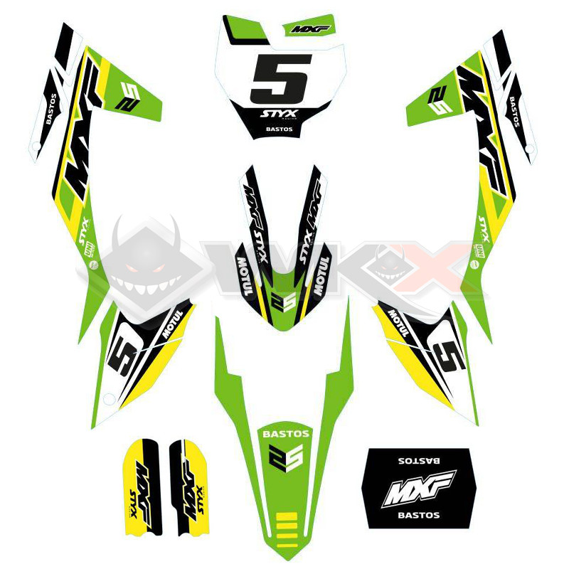 Kit décoration jaune-vert pour pit bike, dirt bike BASTOS BIKE MXF, édition 2026