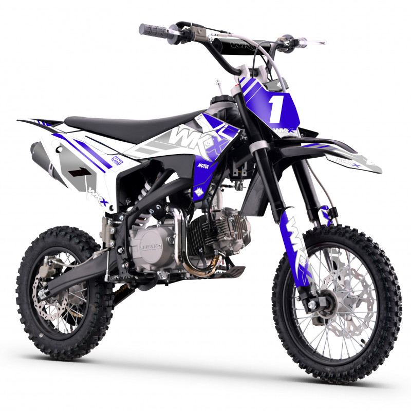 Dirt bike 125cc MX2 WKX bleu-blanc, roues 12/14 pouces, boîte manuelle, moteur Lifan.