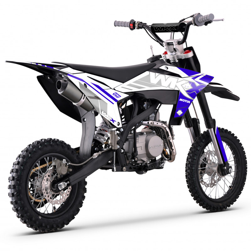 Dirt bike 125cc MX2 WKX bleu-blanc, roues 12/14 pouces, boîte manuelle, moteur Lifan.