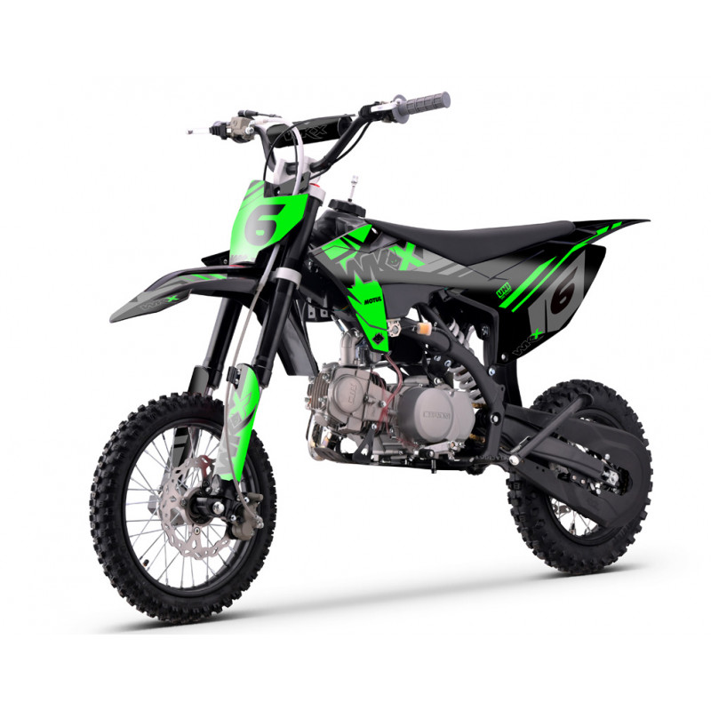 Pit bike 125 vert-noir MX2 WKX, boîte manuelle à 4 vitesses, fourche inversée et cadre périmétrique.