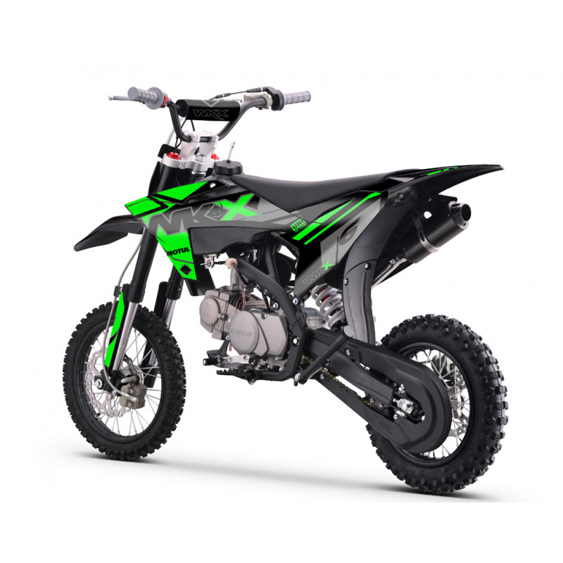 Pit bike 125 vert-noir MX2 WKX, boîte manuelle à 4 vitesses, fourche inversée et cadre périmétrique.