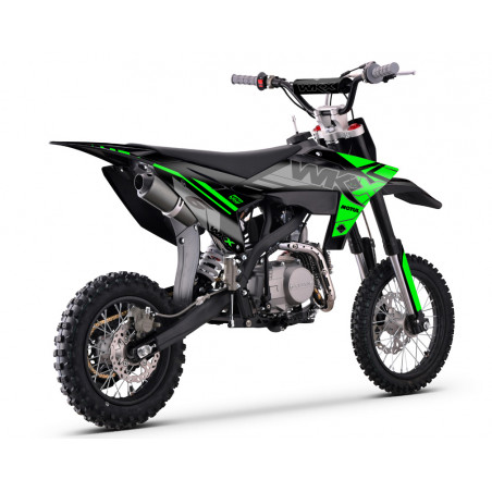 Pit bike 125 vert-noir MX2 WKX, boîte manuelle à 4 vitesses, fourche inversée et cadre périmétrique.