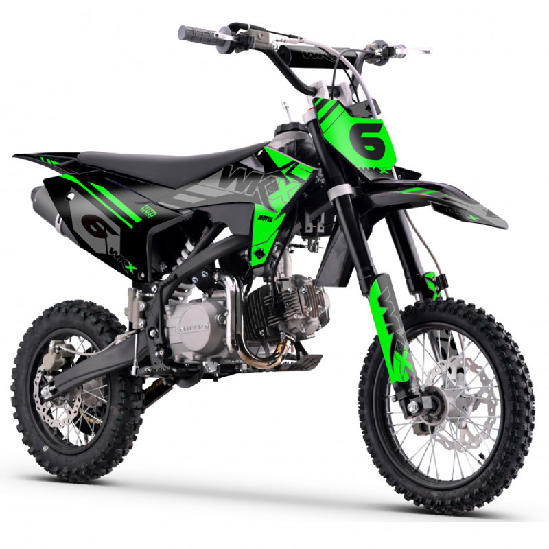 Pit bike 125 vert-noir MX2 WKX, boîte manuelle à 4 vitesses, fourche inversée et cadre périmétrique.