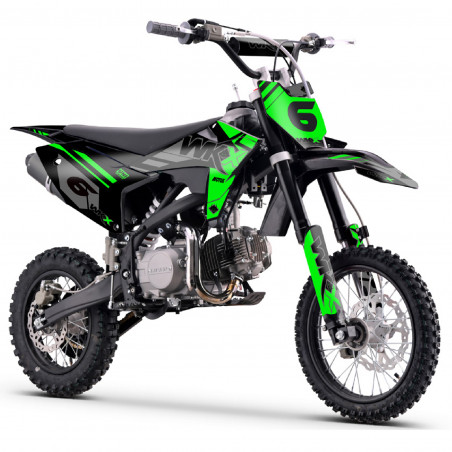 Pit bike 125 vert-noir MX2 WKX, boîte manuelle à 4 vitesses, fourche inversée et cadre périmétrique.