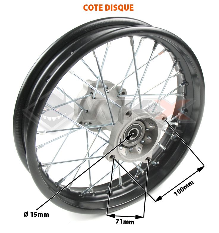 Jante 14' acier arrière axe 15mm côté disque pour dirt bike